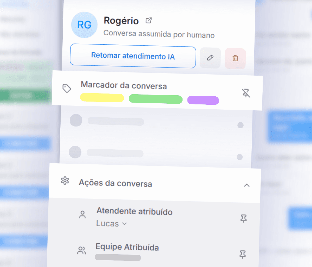 Tela de gestão de contatos e CRM com detalhes do cliente