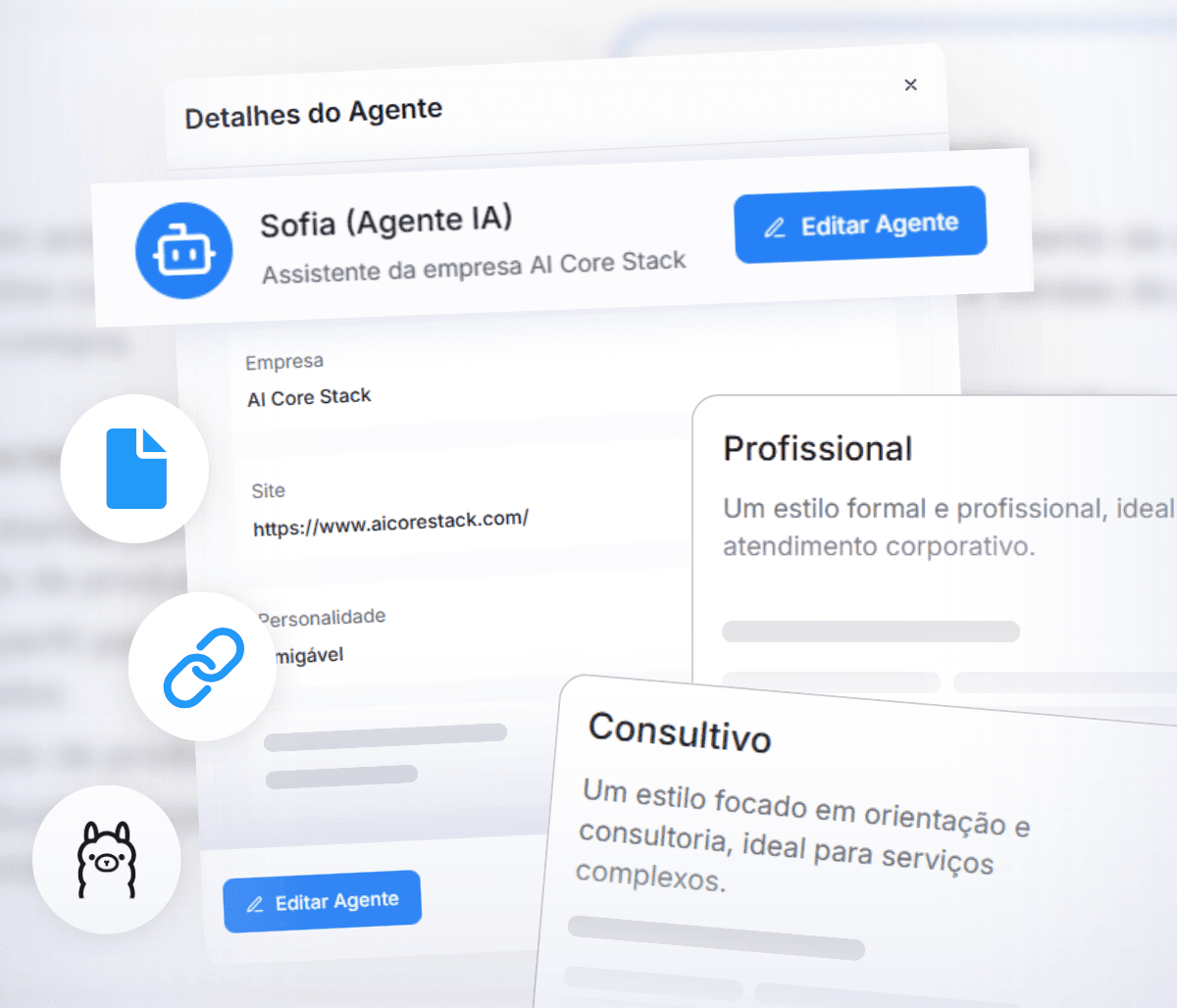 Painel de criação e configuração de agentes de inteligência artificial